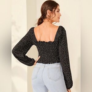 SHEIN black and white polkadot smocked cropped long sleeve with tie